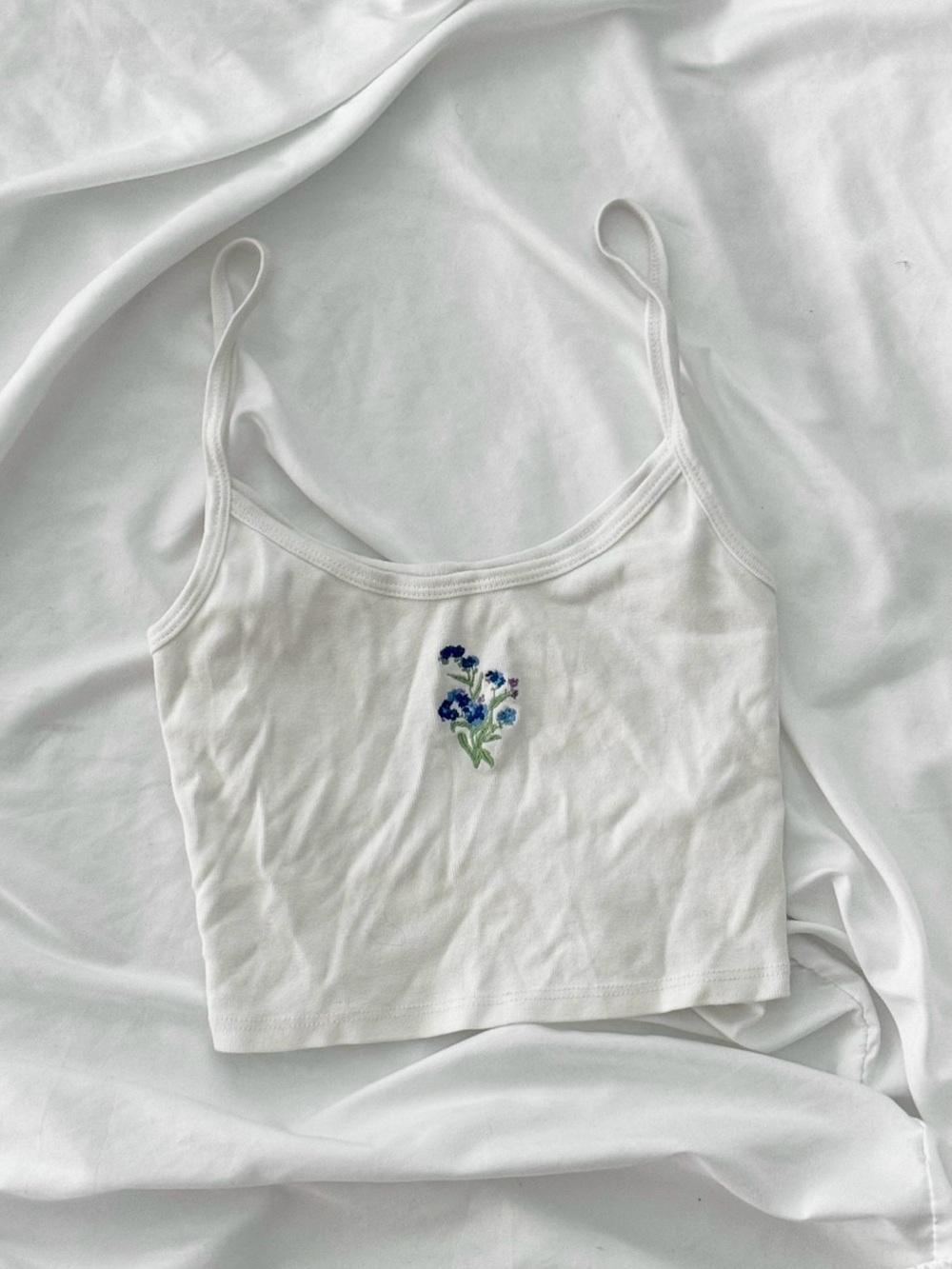 Brandy  Melville White and Blue Floral Embroidered Top